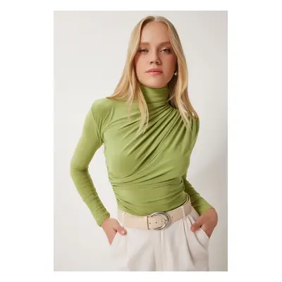 Happiness İstanbul Women's Pistachio Green Gathered Detailed Stand Collar Sandy Blouse