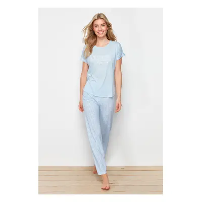 Trendyol Blue Gingham and Slogan Printed Knitted Pajamas Set