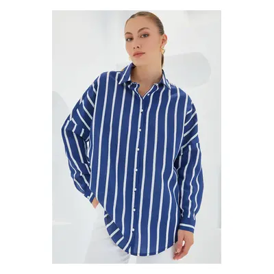 Bigdart Women's Navy Blue White Striped Oversize Basic Shirt