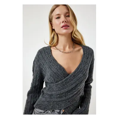 Happiness İstanbul Women's Anthracite Wrap Collar Seasonal Knitwear Sweater