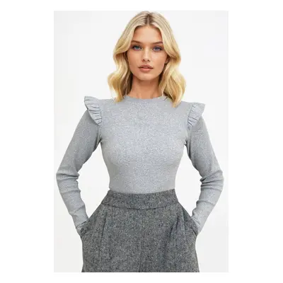 Trend Alaçatı Stili Women's Greymelanj Half Turtleneck Sweater with Ruffled Shoulders