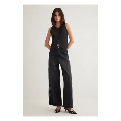 Trendyol Black Silver Troc Stone Normal Waist Extra Wide Leg Jeans