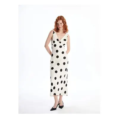 LC Waikiki LCW Vision White Printed V Neck Polka Dot Satin Women's Dress