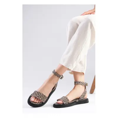 Mio Gusto Sabrina Genuine Suede Leopard Patterned Oval Toe Ankle Strap Women's Flat Sandals