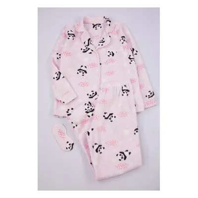 Trendyol Curve Pink Shirt Collar Panda Patterned Knitted Pajama Set