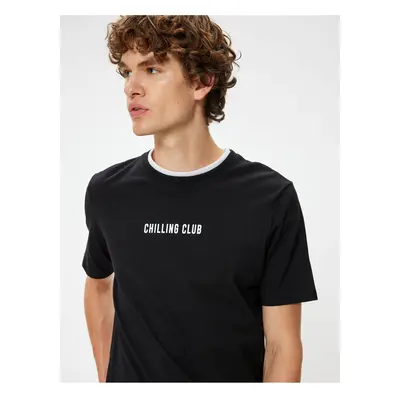 Koton Crew Neck T-Shirt Slogan Printed Short Sleeve Piping Cotton