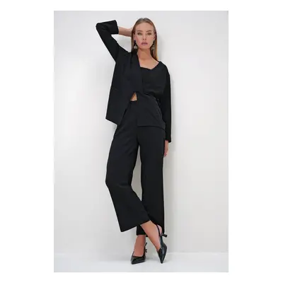 Trend Alaçatı Stili Women's Black Double Breasted Lapel Tie Detailed Double Pocket Crepe Jacket 