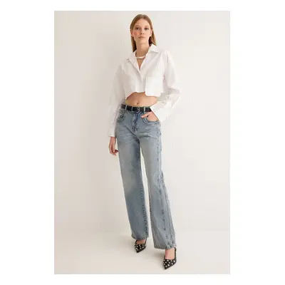 Trendyol Blue Stitch Detail Normal Waist Wide Leg Jeans