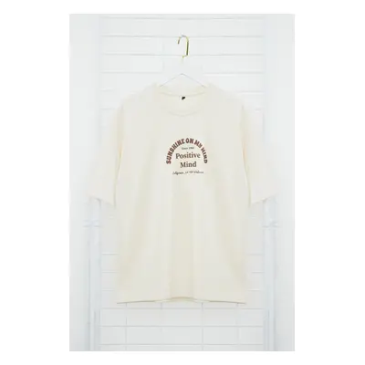 Trendyol Stone Oversize/Wide Cut Text Printed T-Shirt