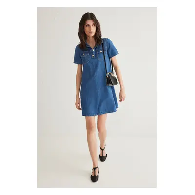 Trendyol Blue Pocket Detailed Loose Mini Denim Shirt Dress