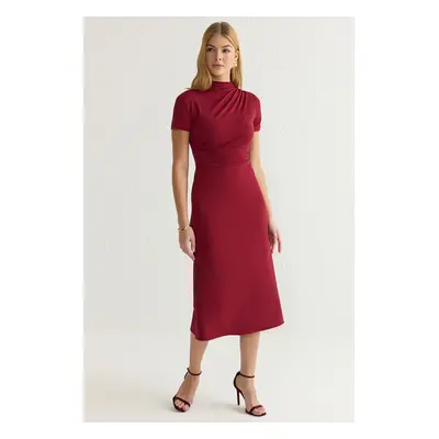 Trendyol Burgundy Body-fitting Knitted Fabric Mixed Midi Woven Dress