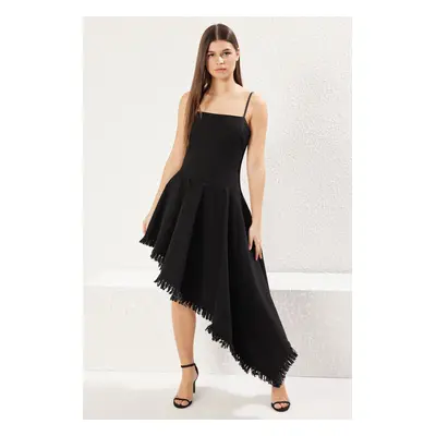 Trendyol Black Tassel Hem Flounce Asymmetrical Strappy Midi Denim Dress