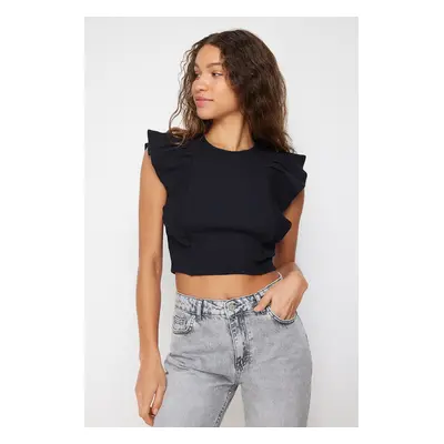 Trendyol Black Frilly Sleeves Ribbed Stretchy Crew Neck Crop Knitted Blouse