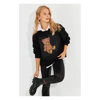 Cool & Sexy Women's Black Teddy Bear Printed Sweatshirt ZM288