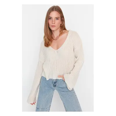 Trendyol Stone Wool Wide Fit Crop Basic Knitwear Sweater