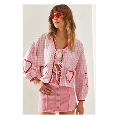 Bianco Lucci Women's Plaid Heart Embroidery Detailed Tied Blouse