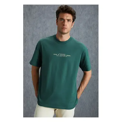 GRIMELANGE Frank Men's Thick Textured Print Detail Oversize & Organic Cotton Green T-shirt