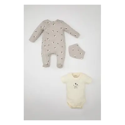 DEFACTO Baby Boy Patterned Long Sleeve Jumpsuit Short Sleeve Snap Bodysuit Bib 3-Piece Set