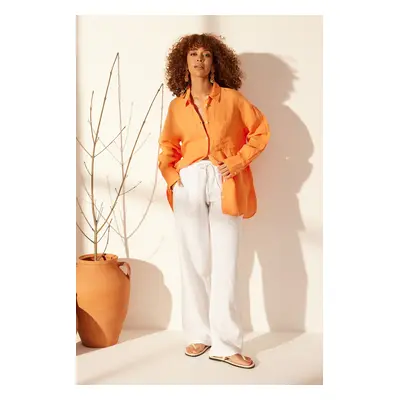 Trendyol Orange 100% Linen Oversize Shirt