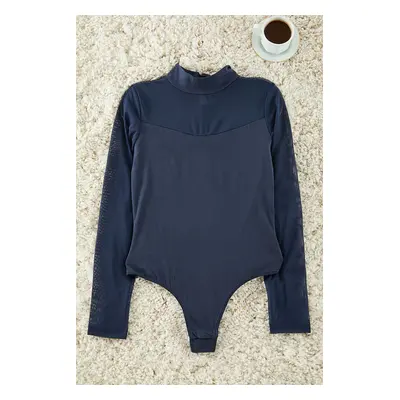 Trendyol Navy Blue Cotton Tulle Detailed Long Sleeve Snap Knit Bodysuit