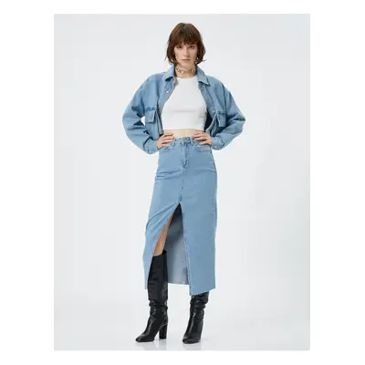 Koton Midi Denim Skirt Slit High Waist Buttoned Cotton