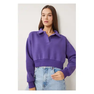 Happiness İstanbul Women's Purple Polo Collar Raised Crop Knitted Sweatshirt