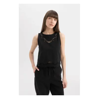 DEFACTO Regular Fit Round Neck Linen Blend Sleeveless Blouse