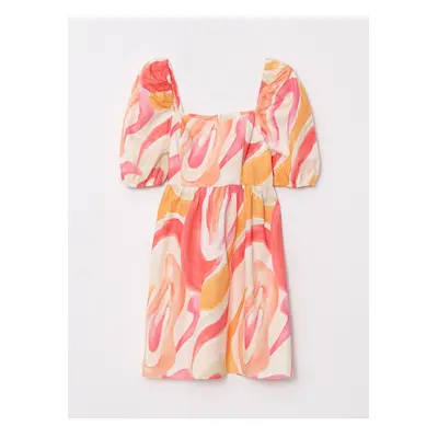 LC Waikiki Lcw Vision Pink Square Neck Print Balloon Sleeve Poplin Women's Dress