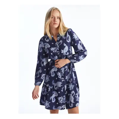 LC Waikiki LCW Comfort Blue Printed Crazy Collar Patterned Women's Shirt Dress