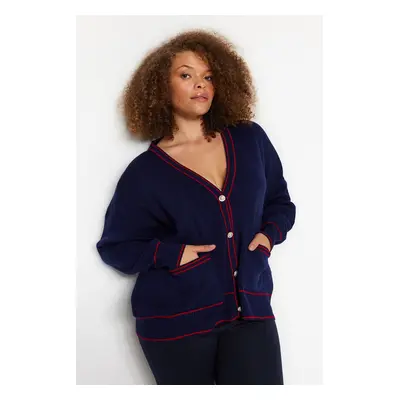 Trendyol Curve Navy Blue-Red Stripe Detailed Knitwear Cardigan