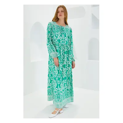 Bigdart Women's Green Ecru Patterned Long Viscose Dress