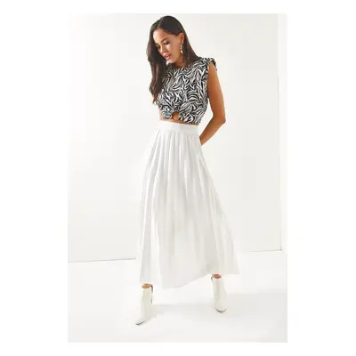 Olalook Women's White Leather Look Pleat A-Line Skirt