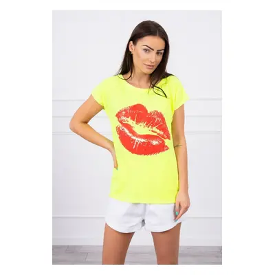 Lip print blouse yellow neon+red