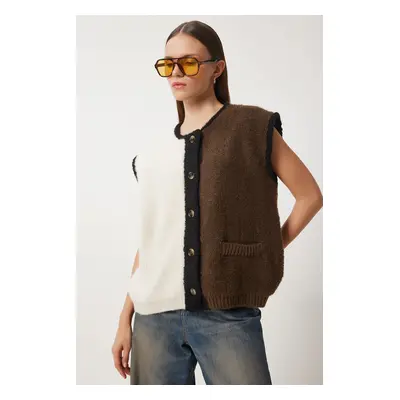 Happiness İstanbul Women's Ecru Khaki Colorblock Boucle Knitwear Cardigan