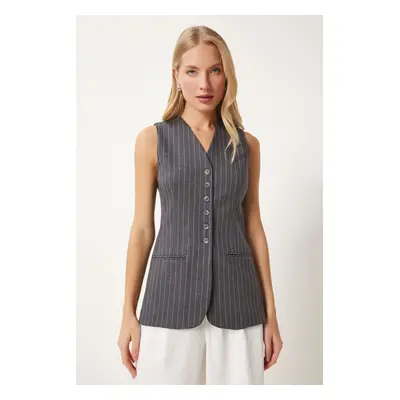 Happiness İstanbul Women's Anthracite Fleto Pocket Detailed Striped Woven Vest