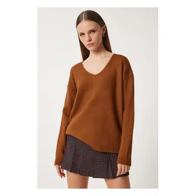 Happiness İstanbul Women's Camel V Neck Knitwear Sweater