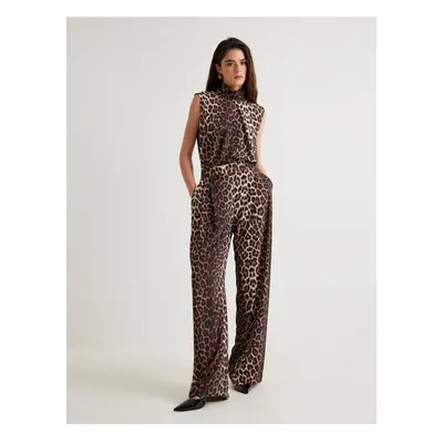 Koton Leopard Patterned Palazzo Trousers with Pockets and Viscose Fabric Pleat Detail