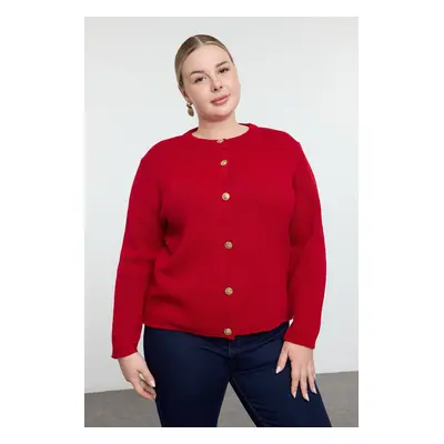 Trendyol Curve Red Crew Neck Buttoned Knitwear Cardigan