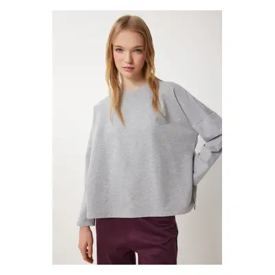 Happiness İstanbul Women's Gray Melange Side Slit Oversize Knitted Sweatshirt