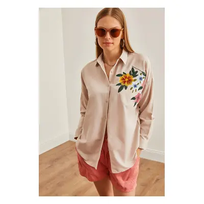 Olalook Women's Floral Stone Embroidery Detailed Oversize Woven Shirt