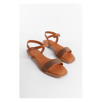 Capone Outfitters Genuine Leather Stoned Single Strap Flat Heeled Women's Sandals