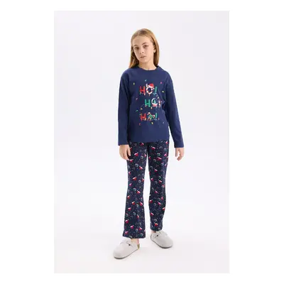 DEFACTO Girls Christmas Themed Pajama Set Long Sleeve Top Elastic Waist Long Bottom