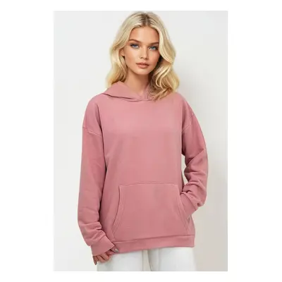 Trend Alaçatı Stili Women's Pink Hooded Kangaroo Pocket Thread Thick Sweatshirt