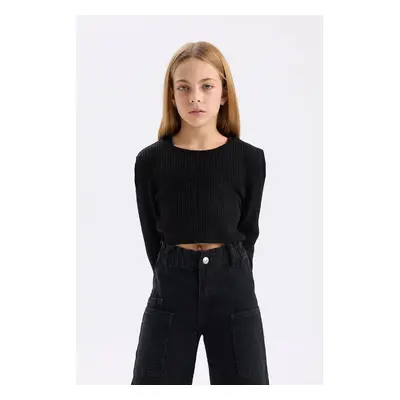 DEFACTO Girl Fitted Crew Neck Knitwear Black Sweater