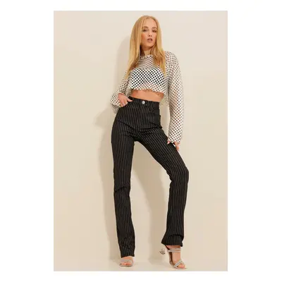 Trend Alaçatı Stili Women's Black High Waist Silver Striped Pocket Skinny Pants