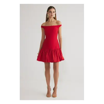 Trendyol Red A-Line Carmen Collar Woven Short Dress