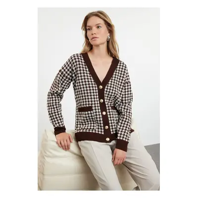 Trendyol Brown Wide Fit Houndstooth Knitwear Cardigan