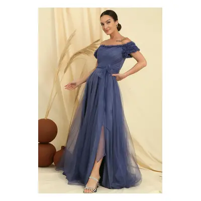 By Saygı Frilly Belted Collar And Sleeves Lined Long Tulle Dress