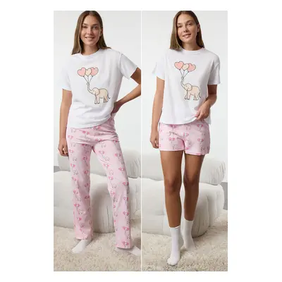 Trendyol White 3-Pack 100% Cotton Elephant and Heart Knitted Pajama Set