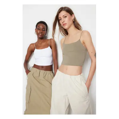 Trendyol Khaki-White Pack Cotton Spaghetti Strap Crop Flexible Knitted Undershirt